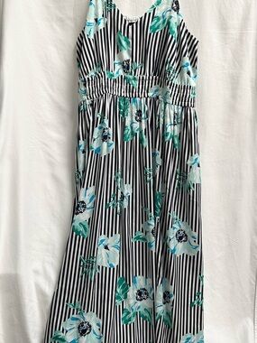 LANE BRYANT MAXI SUNDRESS, NAVY AND WHITE STRIPE WITH BLUE FLORAL, PLUS SIZE 18